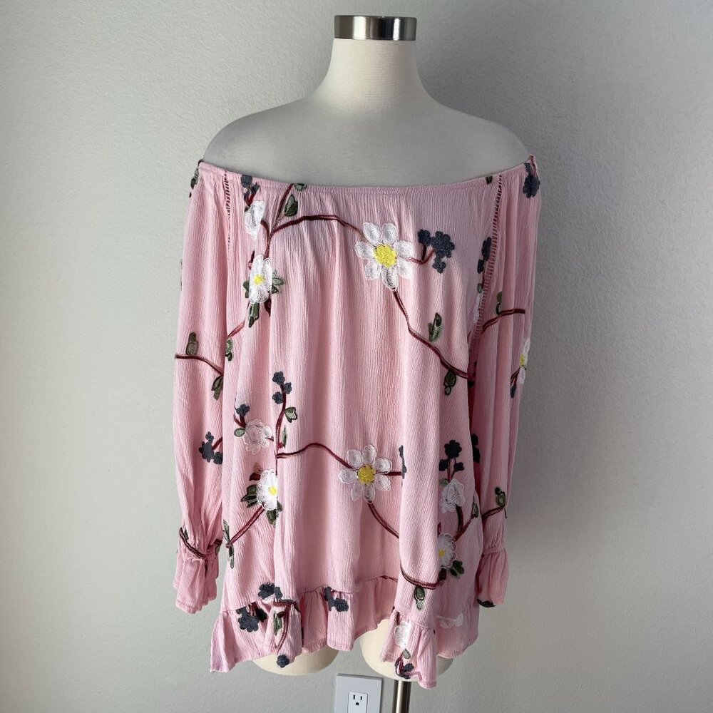 Liv Los Angeles Womens‎ Plus 3X Pink Off Shoulder Embroidered Floral Top Blouse